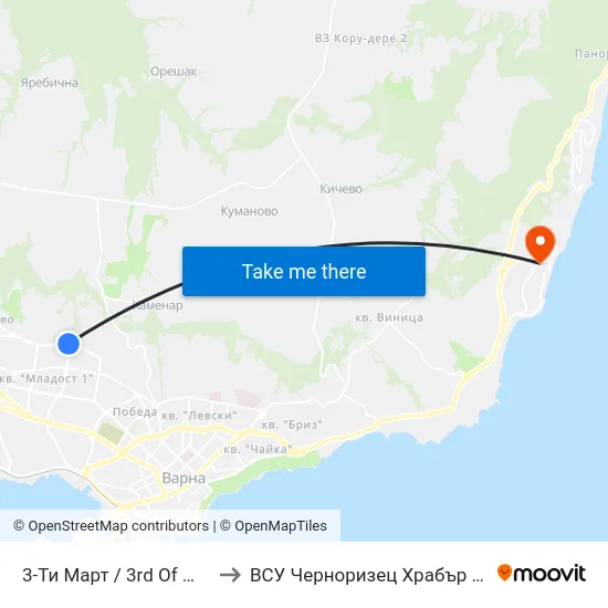 3-Ти Март / 3rd Of March to ВСУ Черноризец Храбър (VFU) map