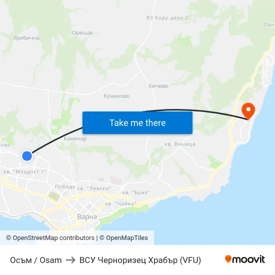 Осъм / Osam to ВСУ Черноризец Храбър (VFU) map