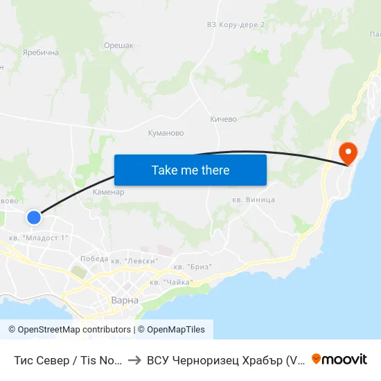 Тис Север / Tis North to ВСУ Черноризец Храбър (VFU) map