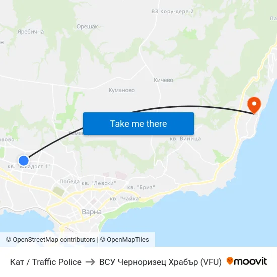 Кат / Traffic Police to ВСУ Черноризец Храбър (VFU) map