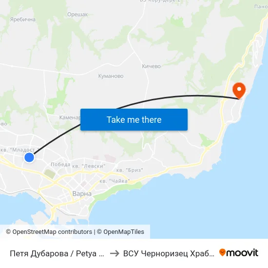 Петя Дубарова / Petya Dubarova to ВСУ Черноризец Храбър (VFU) map
