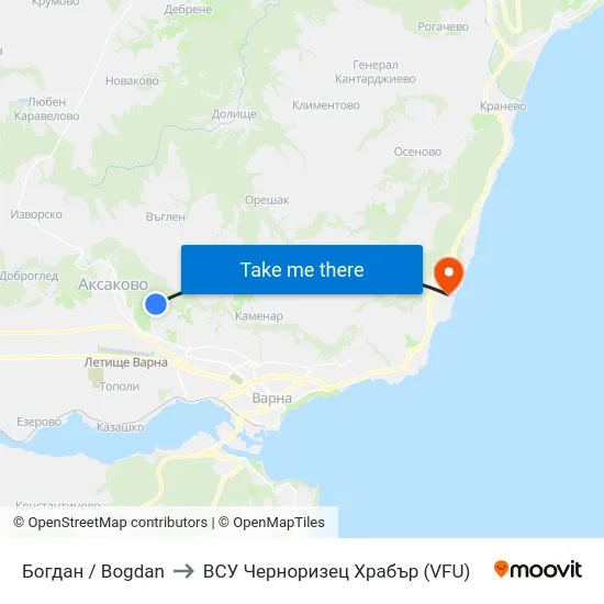 Богдан / Bogdan to ВСУ Черноризец Храбър (VFU) map