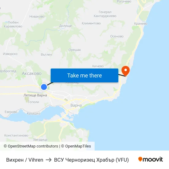 Вихрен / Vihren to ВСУ Черноризец Храбър (VFU) map