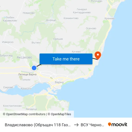 Владиславово (Обръщач 118 Газстанция) / Vladislavovo (Tumbler 118 Gas Station) to ВСУ Черноризец Храбър (VFU) map