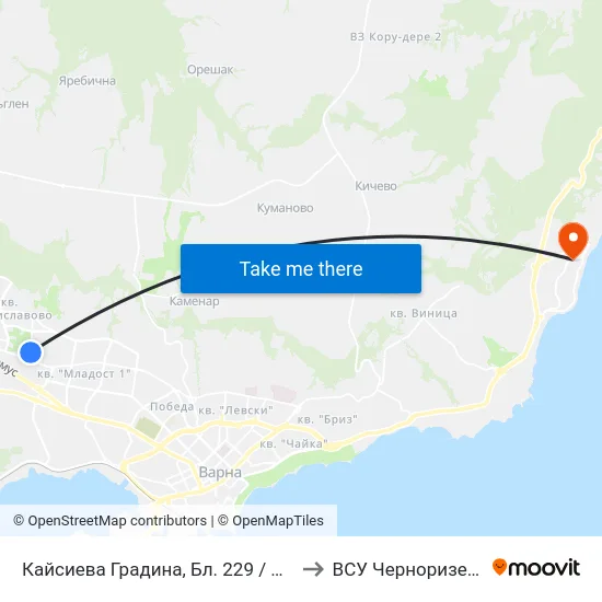 Кайсиева Градина, Бл. 229 / Kaysieva Gradina Qr, Bl. 229 to ВСУ Черноризец Храбър (VFU) map