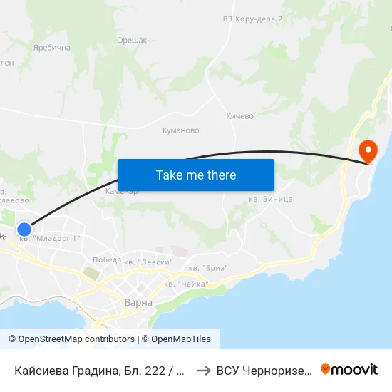 Кайсиева Градина, Бл. 222 / Kaysieva Gradina Qr, Bl. 222 to ВСУ Черноризец Храбър (VFU) map