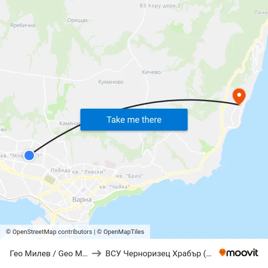 Гео Милев / Geo Milev to ВСУ Черноризец Храбър (VFU) map