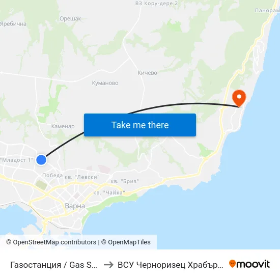 Газостанция / Gas Station to ВСУ Черноризец Храбър (VFU) map