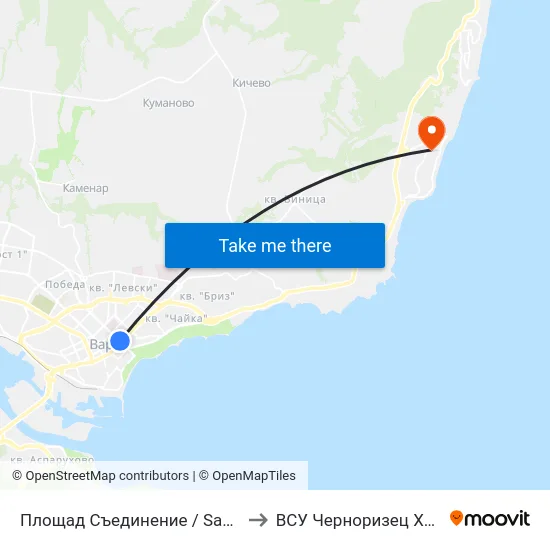 Площад Съединение / Saedinenie Square to ВСУ Черноризец Храбър (VFU) map