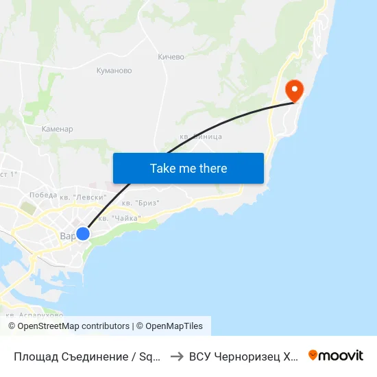 Площад Съединение / Square Saedinenie to ВСУ Черноризец Храбър (VFU) map