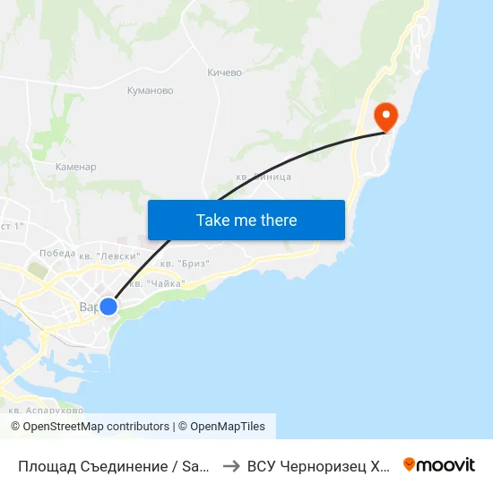 Площад Съединение / Saedinenie Square to ВСУ Черноризец Храбър (VFU) map