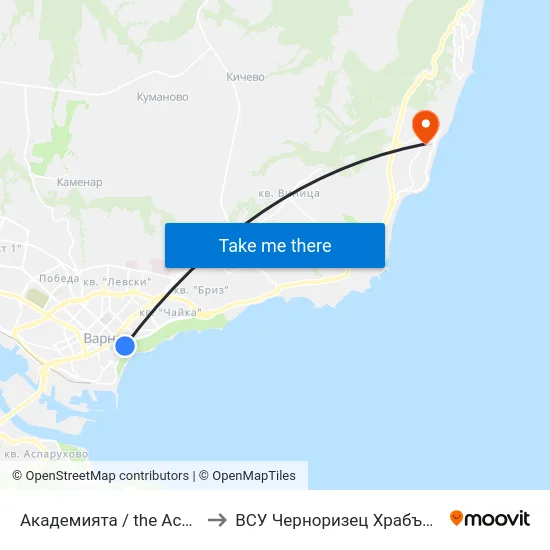 Академията / the Academy to ВСУ Черноризец Храбър (VFU) map