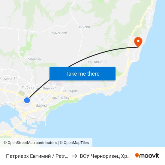 Патриарх Евтимий / Patriarch Evtimiy to ВСУ Черноризец Храбър (VFU) map