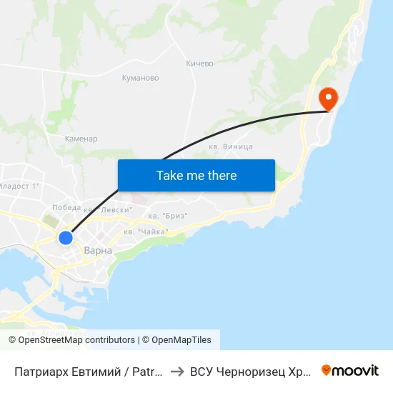 Патриарх Евтимий / Patriarch Evtimiy to ВСУ Черноризец Храбър (VFU) map