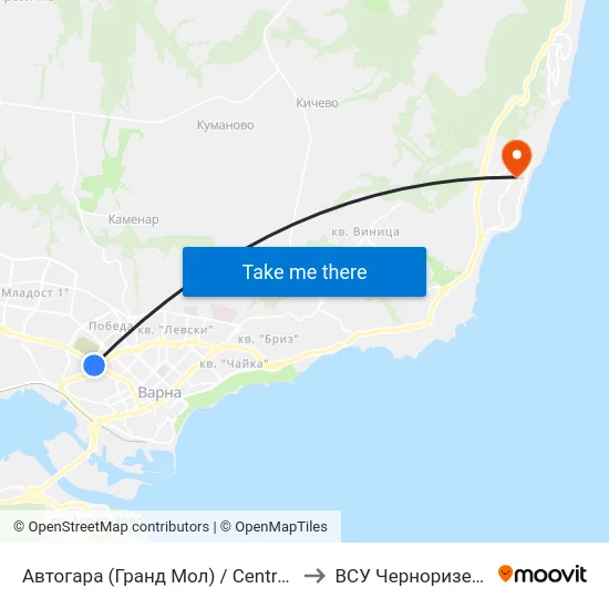 Автогара (Гранд Мол) / Central Bus Station (Grand Mall) to ВСУ Черноризец Храбър (VFU) map