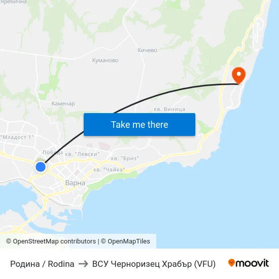 Родина / Rodina to ВСУ Черноризец Храбър (VFU) map