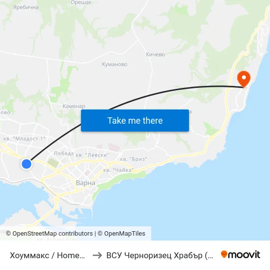 Хоуммакс / Homemax to ВСУ Черноризец Храбър (VFU) map