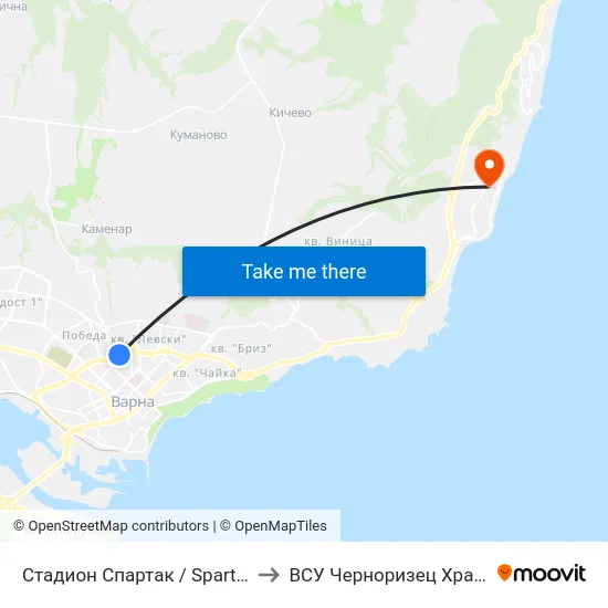 Стадион Спартак / Spartak Stadium to ВСУ Черноризец Храбър (VFU) map