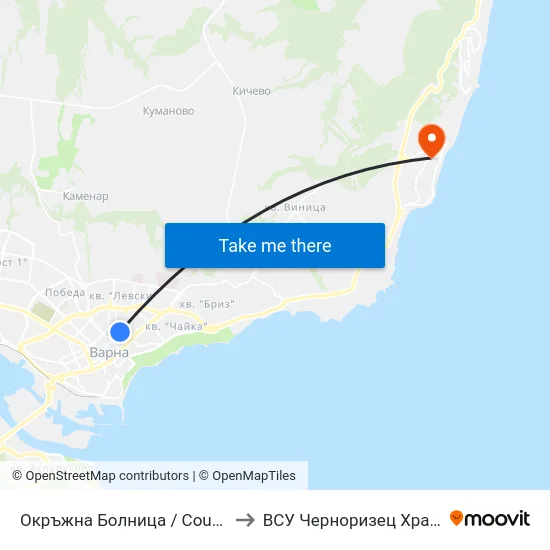 Окръжна Болница / County Hospital to ВСУ Черноризец Храбър (VFU) map