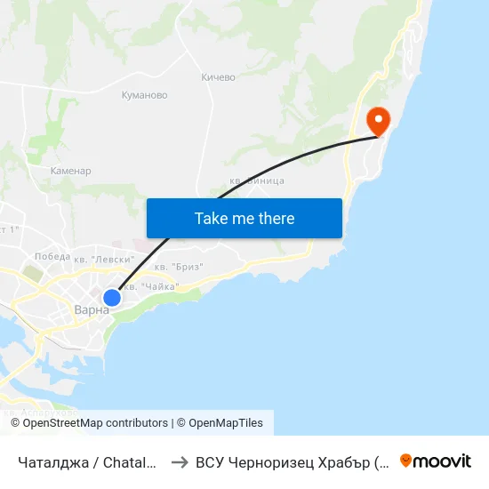 Чаталджа / Chataldzha to ВСУ Черноризец Храбър (VFU) map