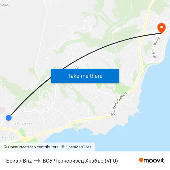 Бриз / Briz to ВСУ Черноризец Храбър (VFU) map