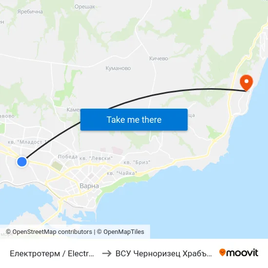 Електротерм / Electrotherm to ВСУ Черноризец Храбър (VFU) map