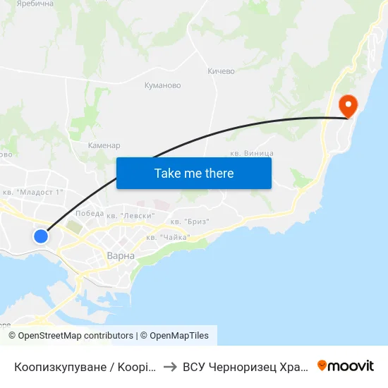 Коопизкупуване / Koopizkupuvane to ВСУ Черноризец Храбър (VFU) map