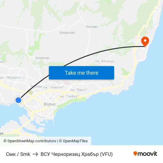 Смк / Smk to ВСУ Черноризец Храбър (VFU) map