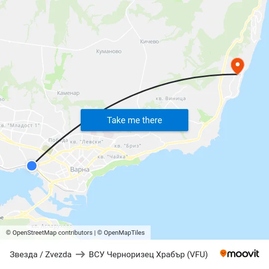 Звезда / Zvezda to ВСУ Черноризец Храбър (VFU) map