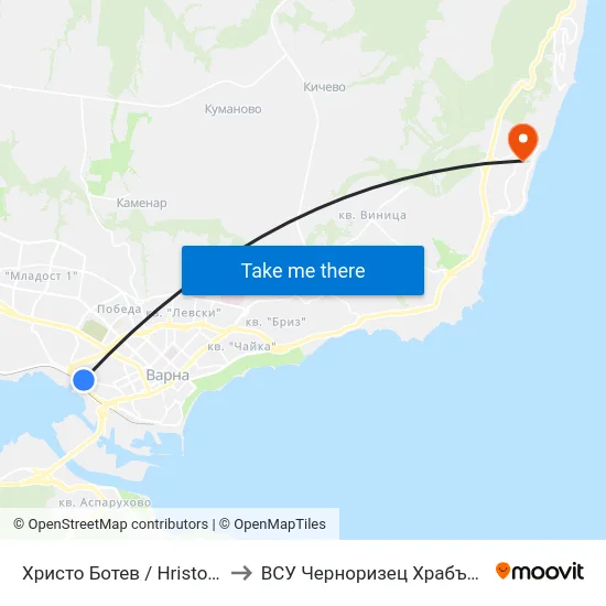 Христо Ботев / Hristo Botev to ВСУ Черноризец Храбър (VFU) map