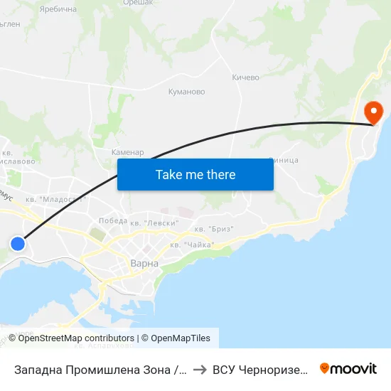 Западна Промишлена Зона / Western Industrial Zone to ВСУ Черноризец Храбър (VFU) map