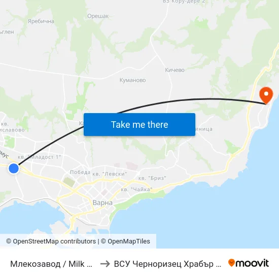 Млекозавод / Milk Plant to ВСУ Черноризец Храбър (VFU) map