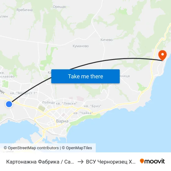 Картонажна Фабрика / Cardboard Factory to ВСУ Черноризец Храбър (VFU) map