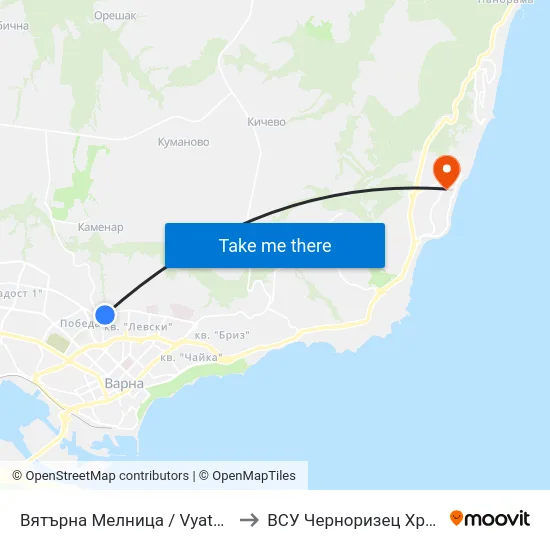 Вятърна Мелница / Vyatarna Melnitsa to ВСУ Черноризец Храбър (VFU) map