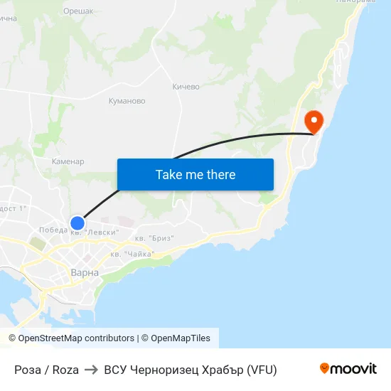 Роза / Roza to ВСУ Черноризец Храбър (VFU) map
