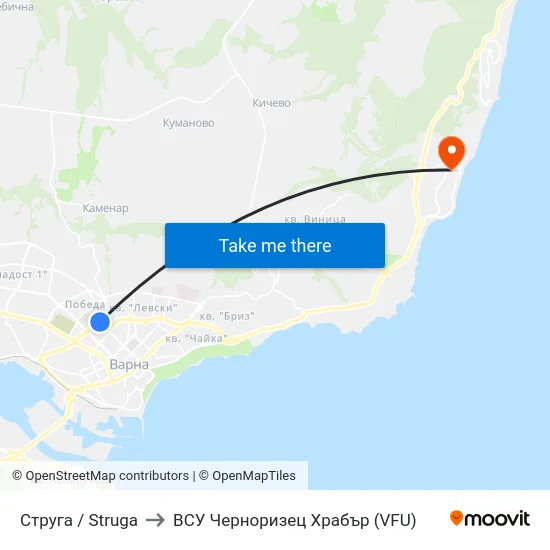 Струга / Struga to ВСУ Черноризец Храбър (VFU) map