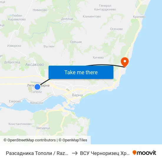 Разсадника Тополи / Razsadnika Topoli to ВСУ Черноризец Храбър (VFU) map