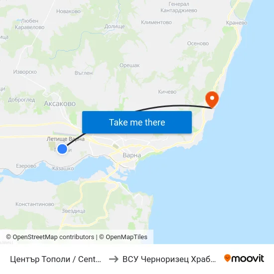 Център Тополи / Center Topoli to ВСУ Черноризец Храбър (VFU) map