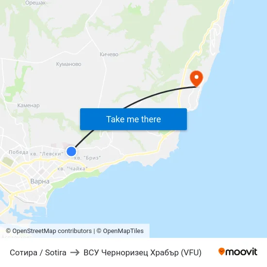 Сотира / Sotira to ВСУ Черноризец Храбър (VFU) map