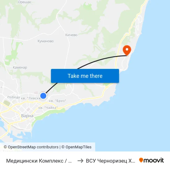 Медицински Комплекс / Medical Complex to ВСУ Черноризец Храбър (VFU) map