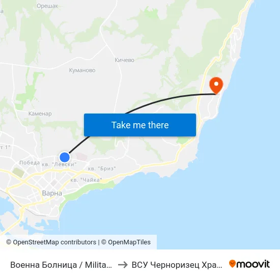 Военна Болница / Military Hospital to ВСУ Черноризец Храбър (VFU) map