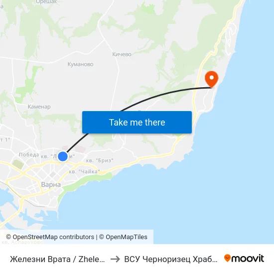 Железни Врата / Zhelezni Vrata to ВСУ Черноризец Храбър (VFU) map