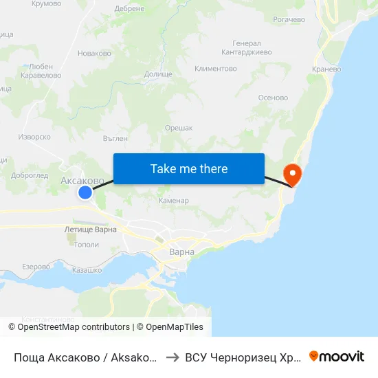 Поща Аксаково / Aksakovo Post Office to ВСУ Черноризец Храбър (VFU) map