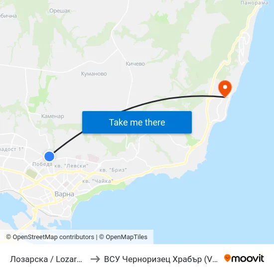 Лозарска / Lozarska to ВСУ Черноризец Храбър (VFU) map