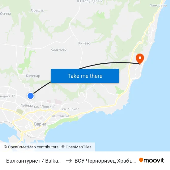 Балкантурист / Balkantourist to ВСУ Черноризец Храбър (VFU) map