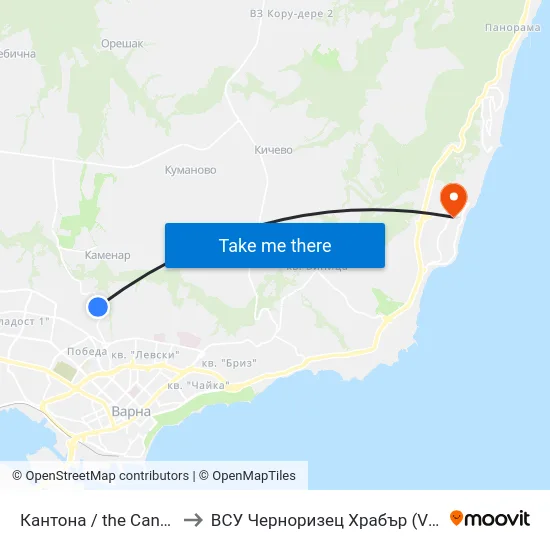 Кантона / the Canton to ВСУ Черноризец Храбър (VFU) map