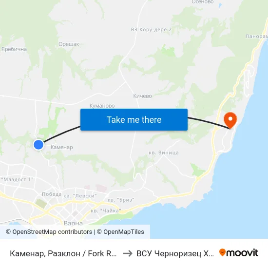 Каменар, Разклон / Fork Road For Kamenar to ВСУ Черноризец Храбър (VFU) map
