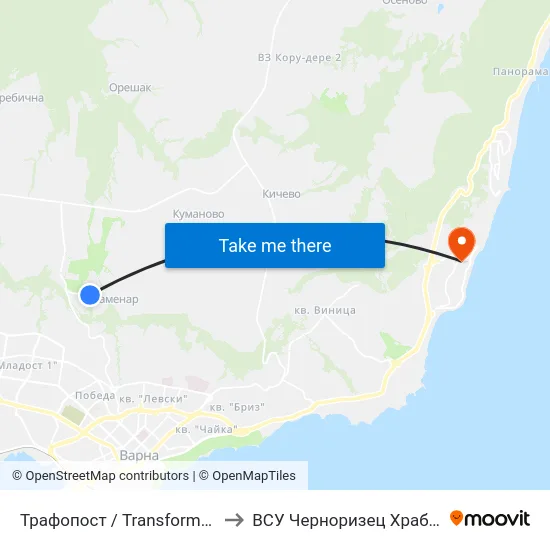 Трафопост / Transformer Station to ВСУ Черноризец Храбър (VFU) map