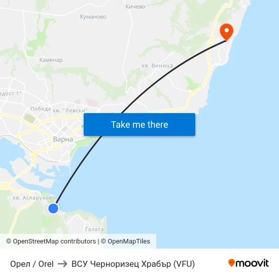 Орел / Orel to ВСУ Черноризец Храбър (VFU) map