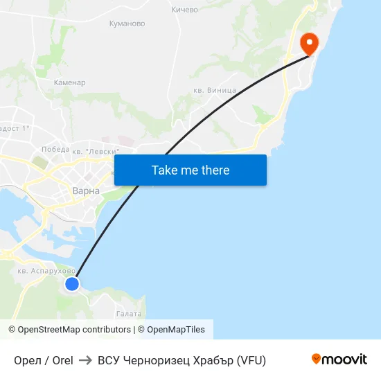 Орел / Orel to ВСУ Черноризец Храбър (VFU) map